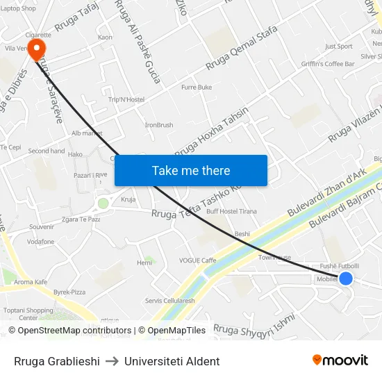Rruga Grablieshi to Universiteti Aldent map