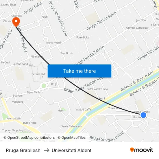 Rruga Grablieshi to Universiteti Aldent map