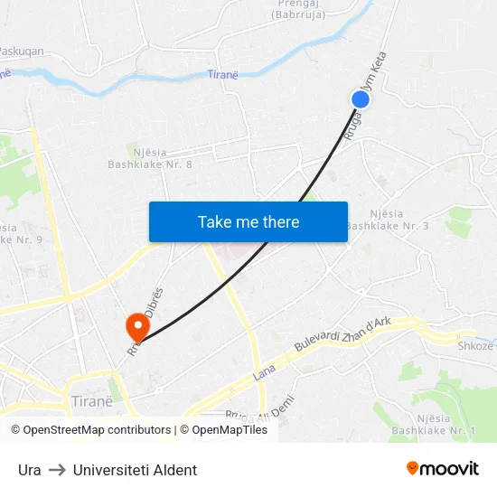 Ura to Universiteti Aldent map