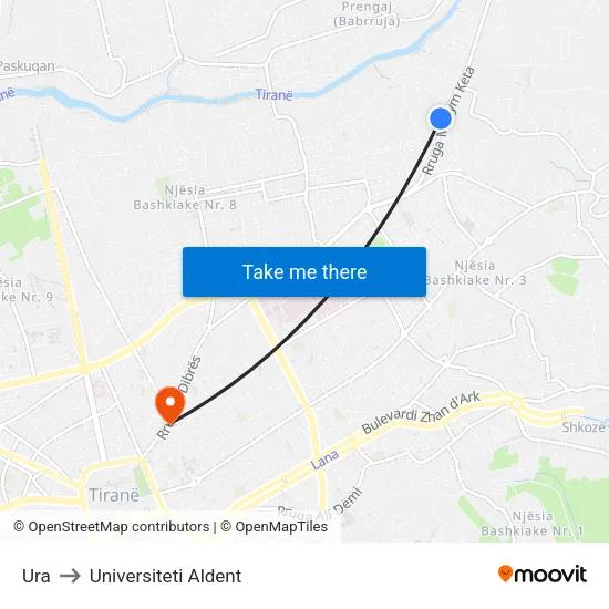 Ura to Universiteti Aldent map