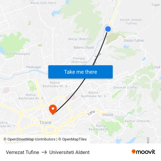 Verrezat Tufine to Universiteti Aldent map