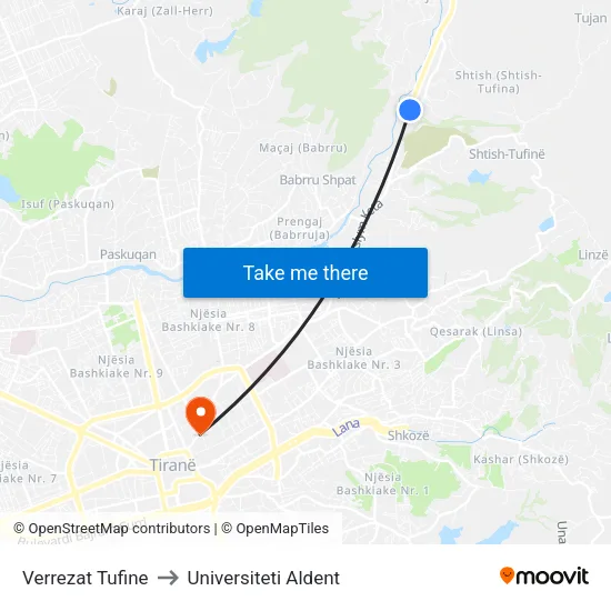 Verrezat Tufine to Universiteti Aldent map