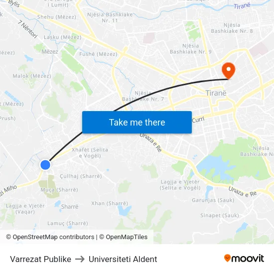 Varrezat Publike to Universiteti Aldent map