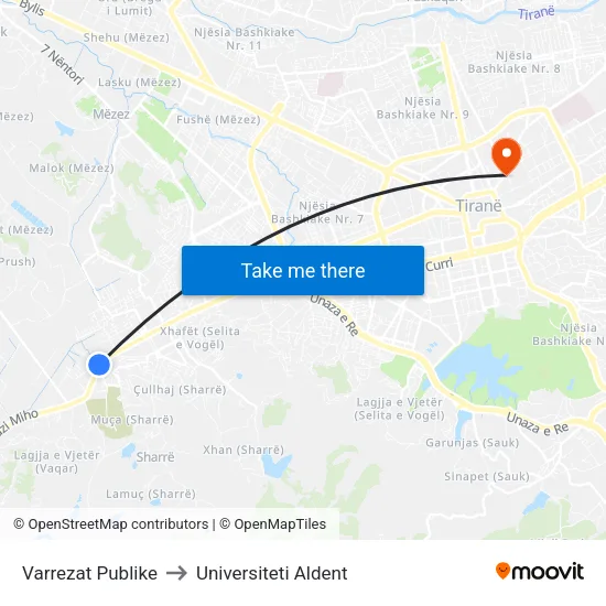Varrezat Publike to Universiteti Aldent map
