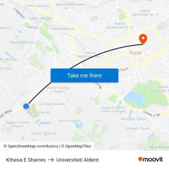 Kthesa E Sharres to Universiteti Aldent map