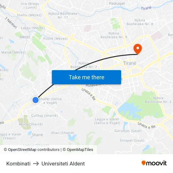 Kombinati to Universiteti Aldent map
