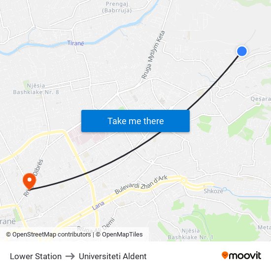 Lower Station to Universiteti Aldent map