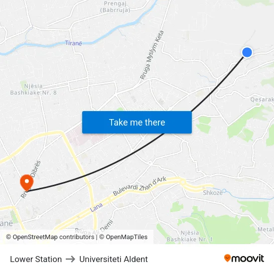 Lower Station to Universiteti Aldent map