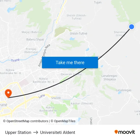 Upper Station to Universiteti Aldent map