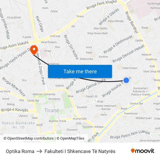 Optika Roma to Fakulteti I Shkencave Të Natyrës map