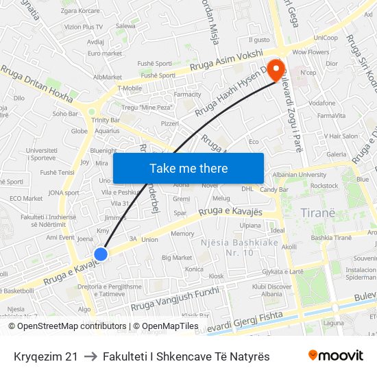 Kryqezim 21 to Fakulteti I Shkencave Të Natyrës map
