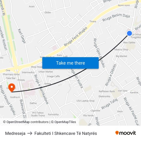 Medreseja to Fakulteti I Shkencave Të Natyrës map