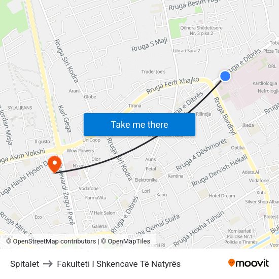 Spitalet to Fakulteti I Shkencave Të Natyrës map