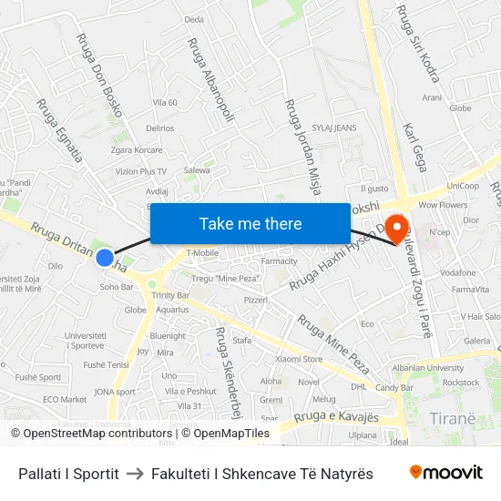 Pallati I Sportit to Fakulteti I Shkencave Të Natyrës map