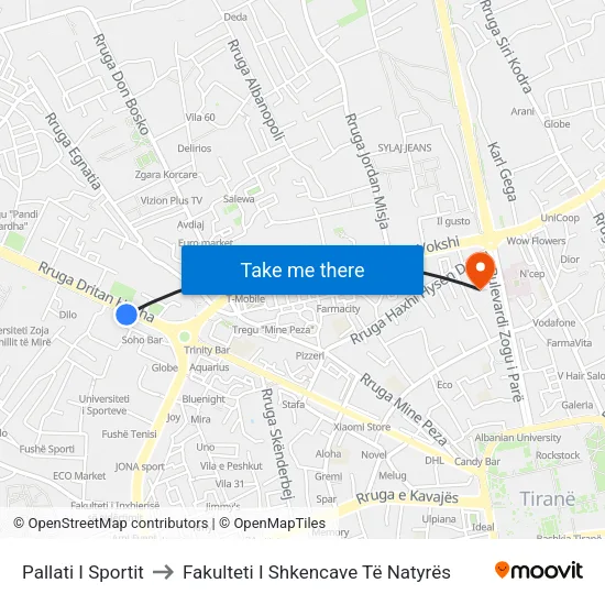 Pallati I Sportit to Fakulteti I Shkencave Të Natyrës map