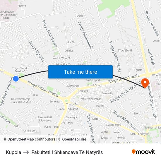 Kupola to Fakulteti I Shkencave Të Natyrës map