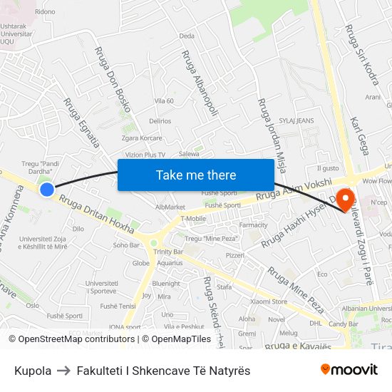 Kupola to Fakulteti I Shkencave Të Natyrës map