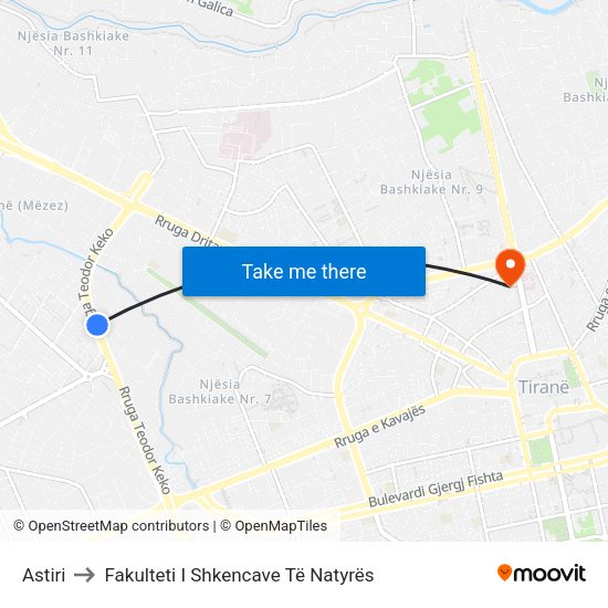 Astiri to Fakulteti I Shkencave Të Natyrës map