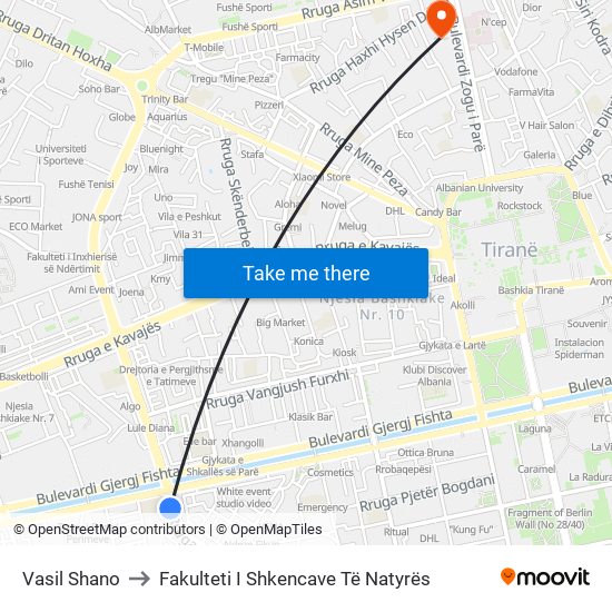 Vasil Shano to Fakulteti I Shkencave Të Natyrës map