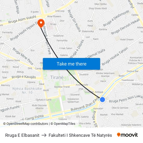 Rruga E Elbasanit to Fakulteti I Shkencave Të Natyrës map