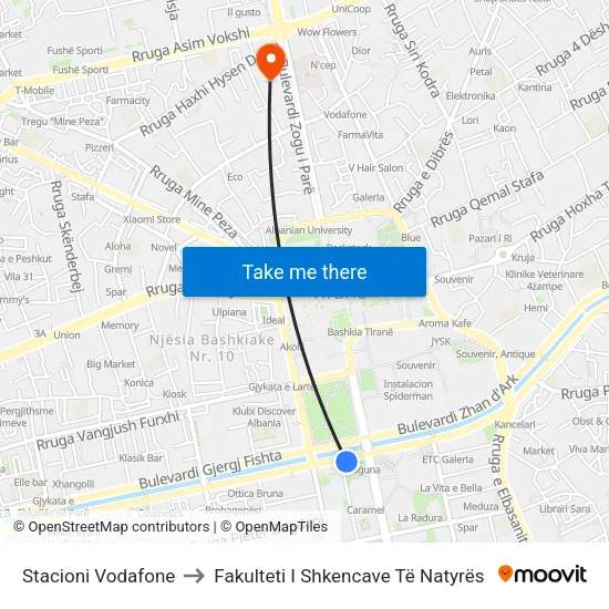 Stacioni Vodafone to Fakulteti I Shkencave Të Natyrës map