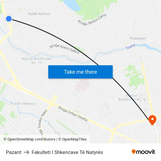Pazarit to Fakulteti I Shkencave Të Natyrës map