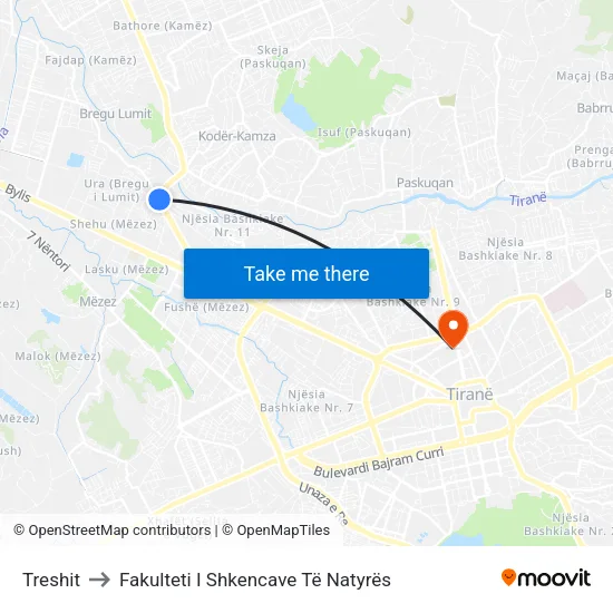 Treshit to Fakulteti I Shkencave Të Natyrës map
