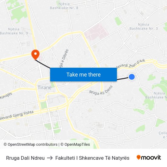Rruga Dali Ndreu to Fakulteti I Shkencave Të Natyrës map