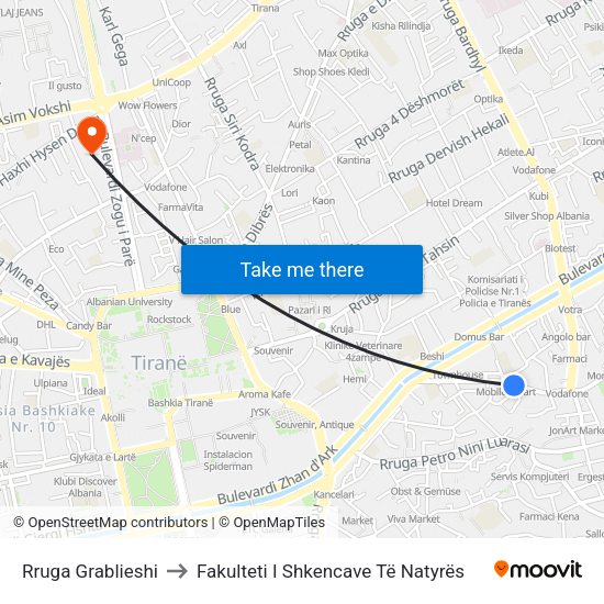 Rruga Grablieshi to Fakulteti I Shkencave Të Natyrës map
