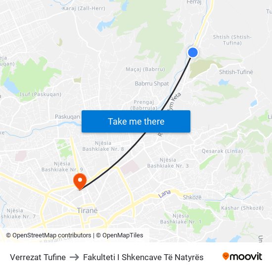 Verrezat Tufine to Fakulteti I Shkencave Të Natyrës map