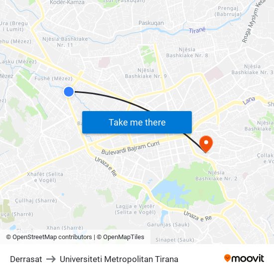 Derrasat to Universiteti Metropolitan Tirana map