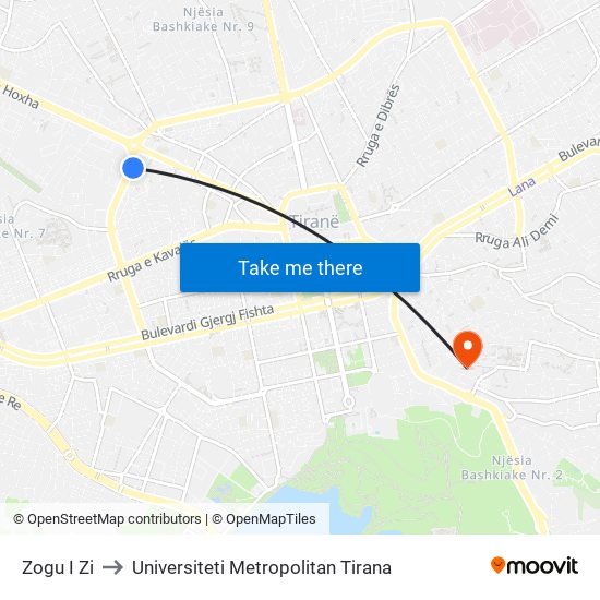 Zogu I Zi to Universiteti Metropolitan Tirana map
