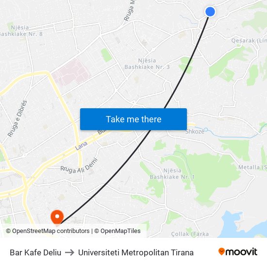 Bar Kafe Deliu to Universiteti Metropolitan Tirana map