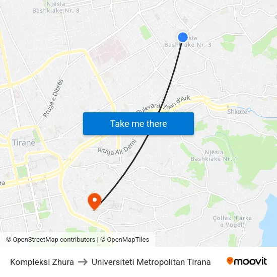 Kompleksi Zhura to Universiteti Metropolitan Tirana map