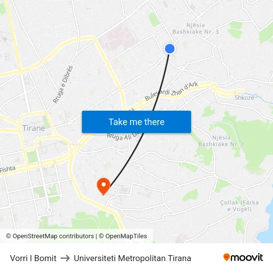 Vorri I Bomit to Universiteti Metropolitan Tirana map