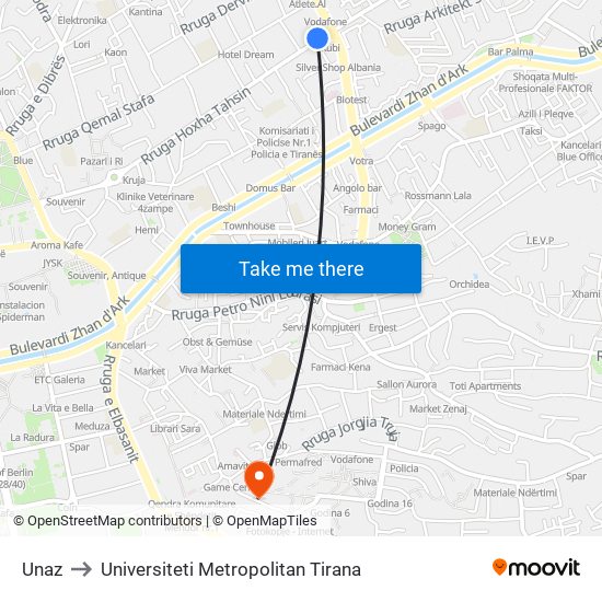 Unaz to Universiteti Metropolitan Tirana map
