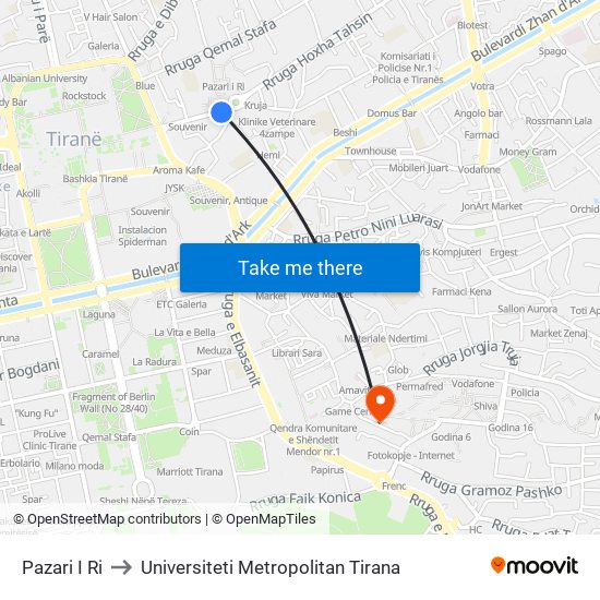 Pazari I Ri to Universiteti Metropolitan Tirana map