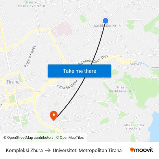 Kompleksi Zhura to Universiteti Metropolitan Tirana map