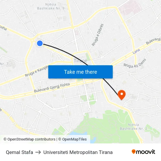 Qemal Stafa to Universiteti Metropolitan Tirana map