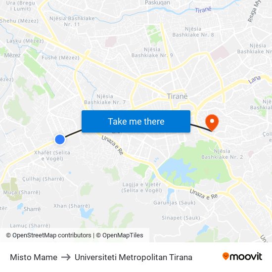 Misto Mame to Universiteti Metropolitan Tirana map