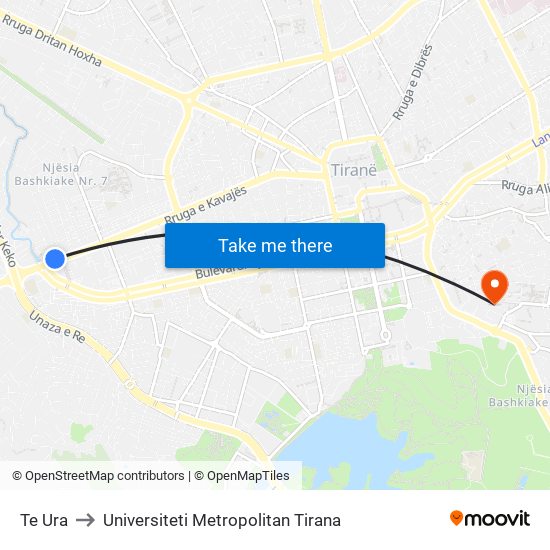 Te Ura to Universiteti Metropolitan Tirana map