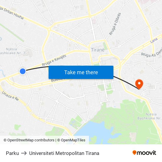 Parku to Universiteti Metropolitan Tirana map