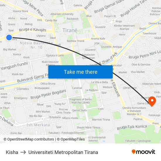 Kisha to Universiteti Metropolitan Tirana map