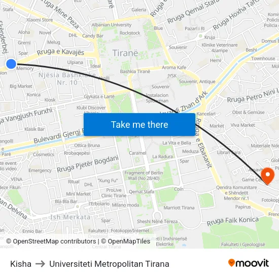 Kisha to Universiteti Metropolitan Tirana map