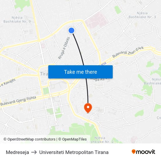Medreseja to Universiteti Metropolitan Tirana map