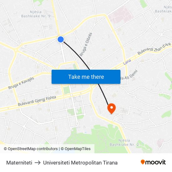 Materniteti to Universiteti Metropolitan Tirana map