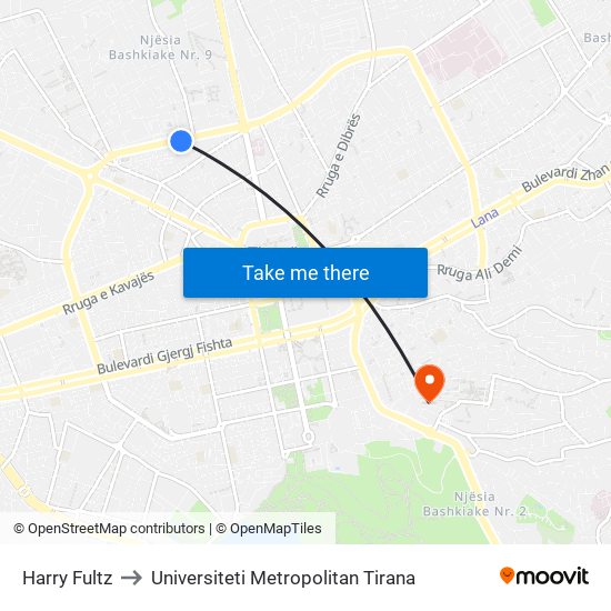 Harry Fultz to Universiteti Metropolitan Tirana map