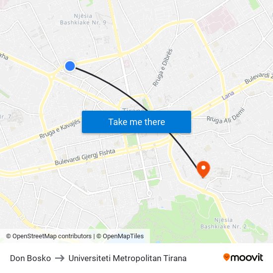 Don Bosko to Universiteti Metropolitan Tirana map