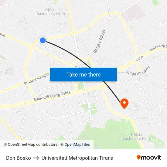 Don Bosko to Universiteti Metropolitan Tirana map