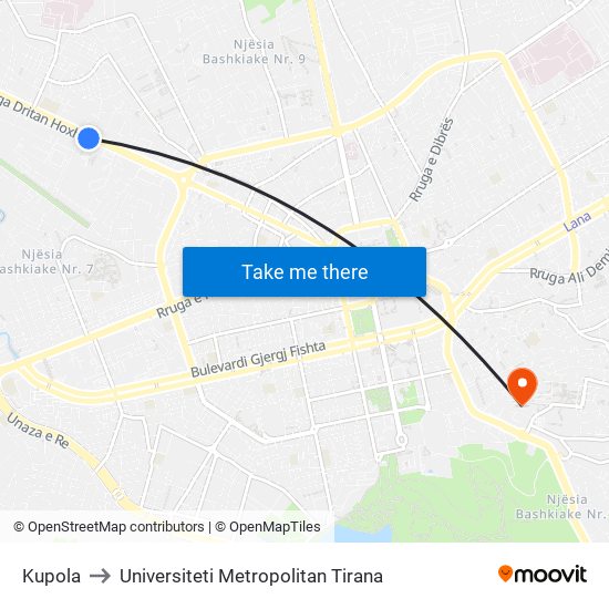 Kupola to Universiteti Metropolitan Tirana map